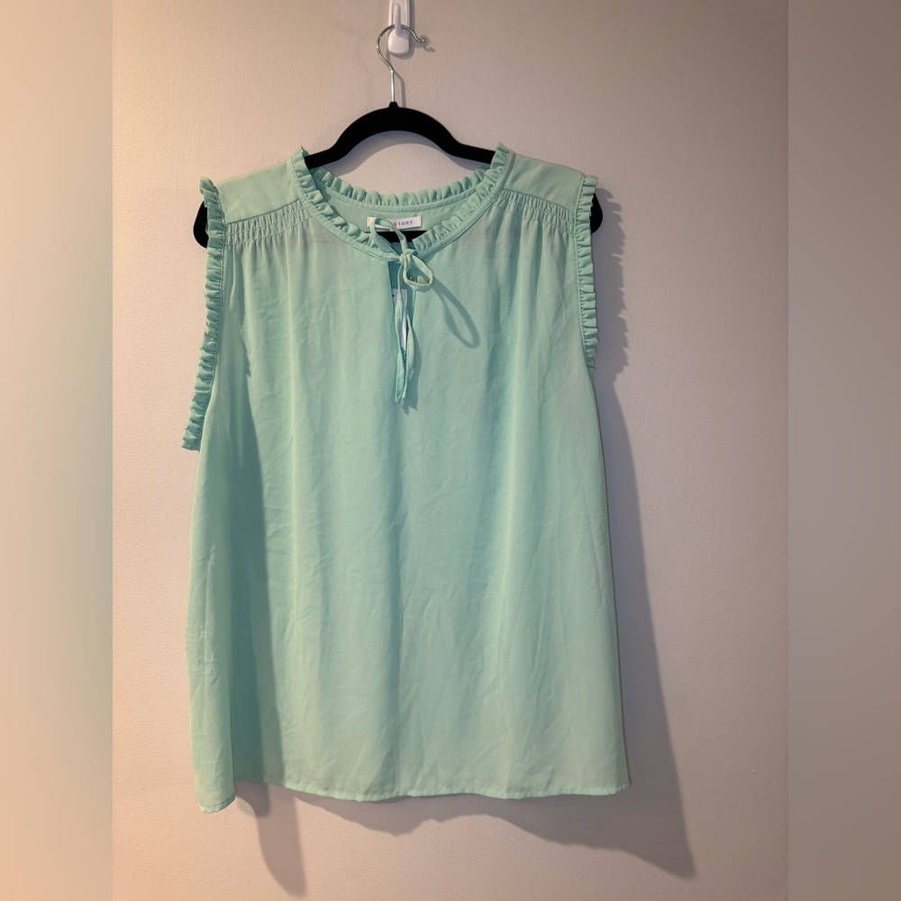 Green Sleeveless Ruffled Blouse with Bib Collar (Your Story from Stitch Fix)